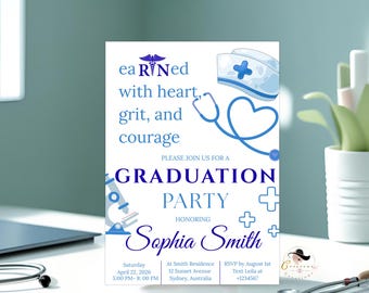 Nurse Graduation Invitation Template, RN BSN LPN Cna Pinning Ceremony Party Invite, Nursing Invite, Editable Canva Digital Printable