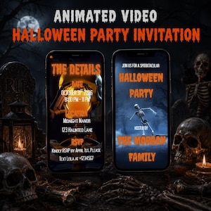 Animated Halloween Party Skeleton Invitation, Dancing Skeleton Video Invite, Funny Spooky Halloween Party, Editable Digital Template