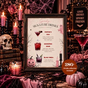 Halloween-Cocktailschild mit Geistermotiv, Getränkekarte für die Gruselparty, Barschild für einen schaurigen Mädelsabend, bearbeitbare Canva-Druckvorlage