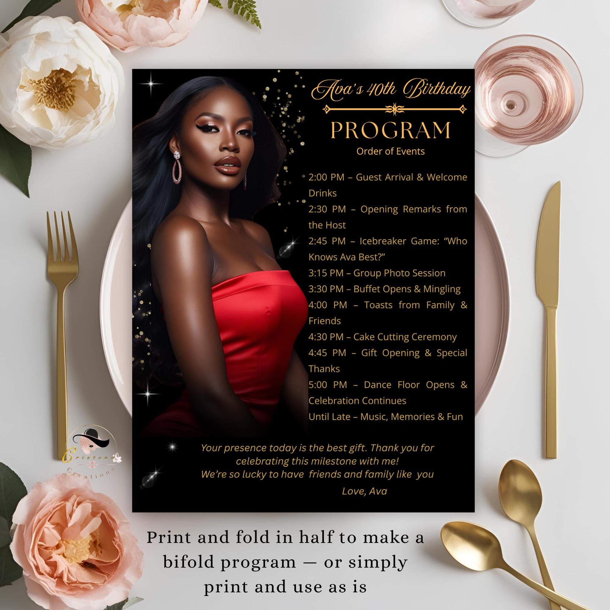 Black Gold Program Template, Birthday Party Program Bifold Formal Event ...