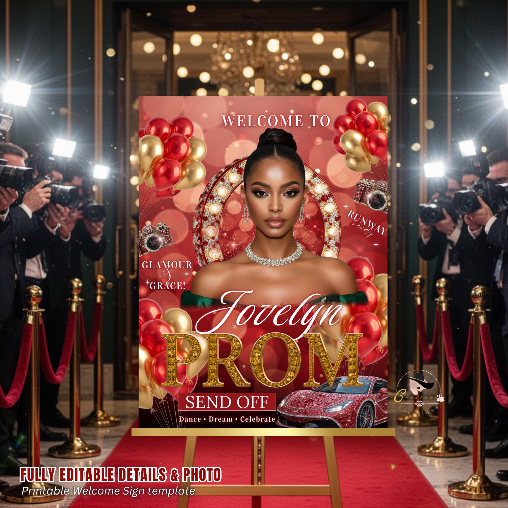 Prom Incoming Sign Red Gold Prom Welcome Sign, Hollywood Entrance Poster, Photo Template ...