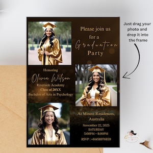 Editable Graduation invitation for female class 2026 college, senior or high school is ideal for her, daughter, women or a friend that is graduating this 2026. This editable Black gold Graduation invite makes your event extra special. Easy to customized using your canva account. Personalized it in your own with a lifetime access to the PDF link after purchase. This Graduation party invite with photo is digital for social media platform sharing and printable for easy printing at home.