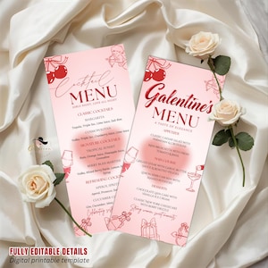 May include: Two pink cocktail menus with red text and illustrations, featuring a cherry design. One menu is titled "Cocktail Menu" and the other "Galentine's Menu". The menus are on a white satin background with roses.