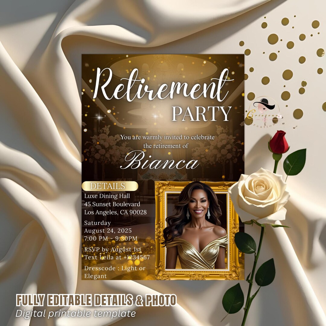 Editable Retirement Party Invitation Black Gold Retirement Dinner With ...