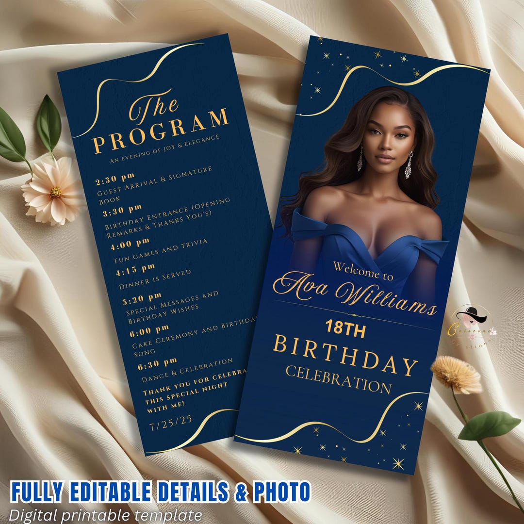 Birthday Program Template Navy Blue Program Card Wedding Event ...