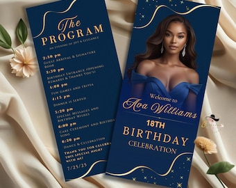 Birthday Program template Navy Blue Program card wedding Event Programme, Retirement Party program design with picture Anniversary program