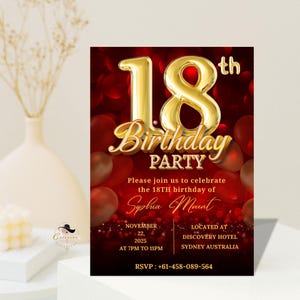 Carte d'invitation 18e anniversaire, invitation à une fête élégante en or rouge pour elle, fille de 18 ans, invitation numérique imprimable pour fille de 18 ans