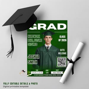 May include: A graduation announcement template featuring a black mortarboard, a rolled diploma tied with a black ribbon, and a green and white announcement card. The card includes a photo of a graduate and the text "GRAD", "Class of 2026", and "Gifts Welcome".