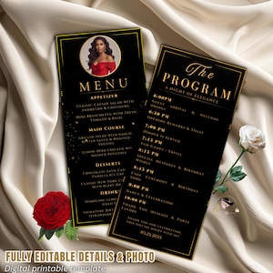 Birthday Menu and Program Template with photo Black gold Wedding Anniversary Menu Retirement party program card Printable Engagement Menu