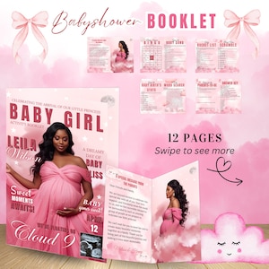 May include: Pink baby shower booklet with the text "Babyshower BOOKLET" and "BABY GIRL". The booklet includes pages for activities, a message from the parents, and a photo of a pregnant woman in a pink dress. The booklet is 12 pages.