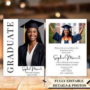 Anuncio de graduación universitaria 2025, invitación a fiesta de graduación para mujeres, día de graduación digital moderno, tarjetas imprimibles para graduados de secundaria