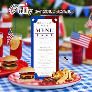 4. Juli-Abendmenü-Vorlage, Vaterländisches Grillmenü, Amerikanisches Poolparty-Menü, Unabhängigkeitstag-Menü Druckbares Geburtstagsmenü am 4.Juli