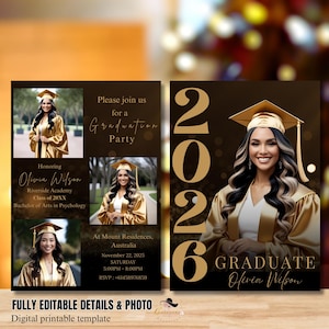 Black gold Graduation Announcement 2026 Invitation, Digital Senior Graduation Female invite with photo, College Graduation Party Template With personalized photo, name, date, time, location, and RSVP details. Designed in Canva, perfect for milestone celebrations like a graduation party or graduation dinner. Ideal for graduates, proud parents, and families celebrating this special achievement. This is a digital download and printable invitation.
