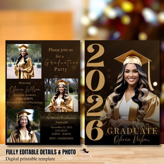 Black gold Graduation Announcement 2026 Invitation, Digital Senior Graduation Female invite with photo, College Graduation Party Template