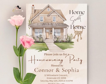 May include: A housewarming party invitation with a watercolor illustration of a house, keys, and the text "Home Sweet Home". The invitation is for Connor & Sophia and includes the date, time, and RSVP information.