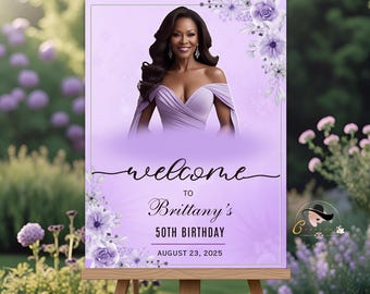 Editable Welcome Party Sign Purple Floral Birthday Dinner Sign Retirement party Sign Board Printable Poster Sign with photo Digital Template