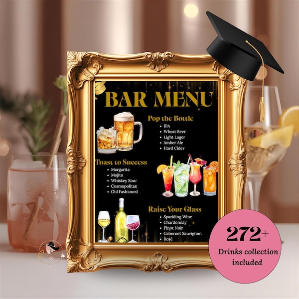 Graduation Bar Menu Template, Editable Drink Menu, Class of 2026 Cocktail Menu, Custom Grad Party Menu, Canva Printable