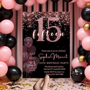 Może przedstawiać: Czarno-różowe błyszczące zaproszenie na 15. urodziny z motywem różowych balonów. Zaproszenie zawiera tekst "fifteen", "Sophia Mount", "15th Birthday Party", "The Rosewood Garden, Darwin NT, Australia 0840", "Kindly RSVP by June 1 to Emma | 123-456-7890".