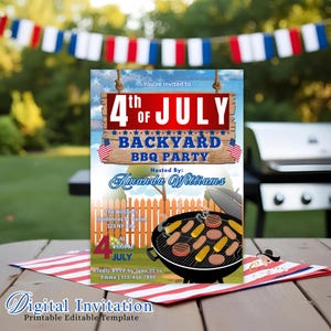 4th of July BBQ invitation template, Fourth of july backyard barbecue invite, USA Independence day party, Patriotic American cookout flyer