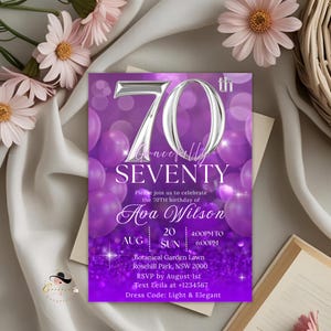 Digital 70th Birthday invitation Purple 70th birthday dinner, Seventieth printable cards Elegant party invite, Seventy and fabulous template