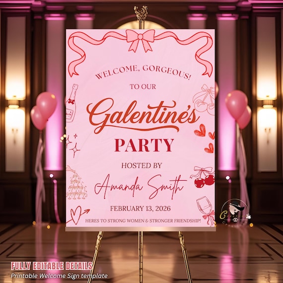 Pink Galentines Party Welcome Sign Template, Girls Night Sign, Elegant Valentines Day Poster Sign, Printable Woman Dinner Board Sign