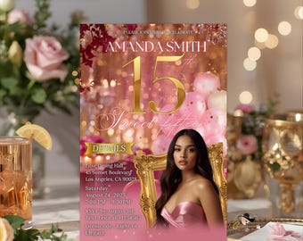 Pink 15th Birthday Invitation with Photo, Quinceañera Invitation, Floral Elegant Card Invite, Editable Canva Digital Printable Template