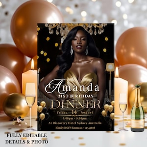 Invitación a cena de cumpleaños en oro negro para mujer, invitación digital para cena de cumpleaños número 21, tarjeta imprimible para plantilla de cena para adultos