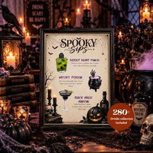 Halloween-Getränkeschild, Gruselige Cocktailkarte, Tischschild für Signature-Drinks, Hexen-, Geister-, Skelett- und Kürbisparty, Bearbeitbare Druckvorlage