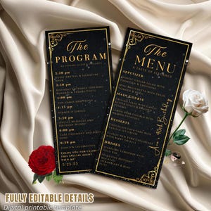 Editable Menu and Program Template Black gold Birthday party menu Retirement Program party Dinner menu Bachelorrete Program cards Printable