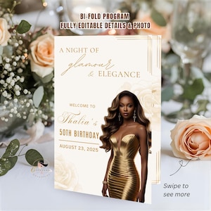 Op de afbeelding: Een dubbelgevouwen programma met de tekst "A Night of Glamour & Elegance" en "Welcome to Thalia's 50th Birthday August 23, 2025". Het ontwerp toont een vrouw in een gouden jurk en bloemmotieven.