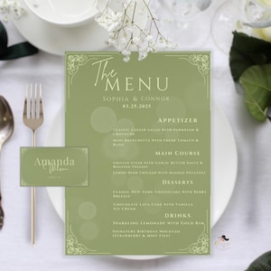Minimalist Wedding Menu Cards with Matching Place Card, Green Wedding Menu Template, Editable Printable Dinner Party Menus with Guest Name