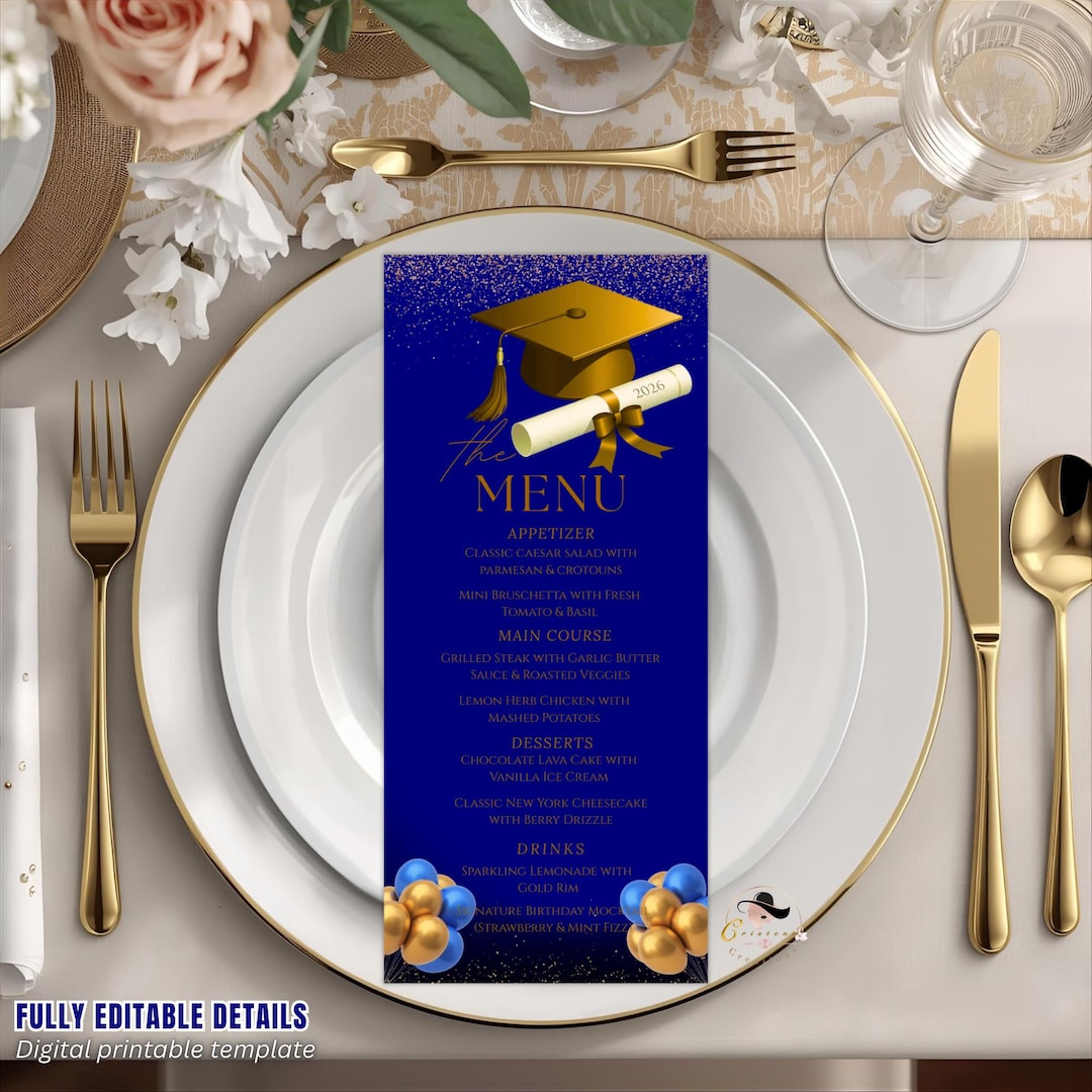 Lsc Grad Dinner Graduation Party Menu Blue Gold Senior Grad Dinner Menu, Commencement ...
