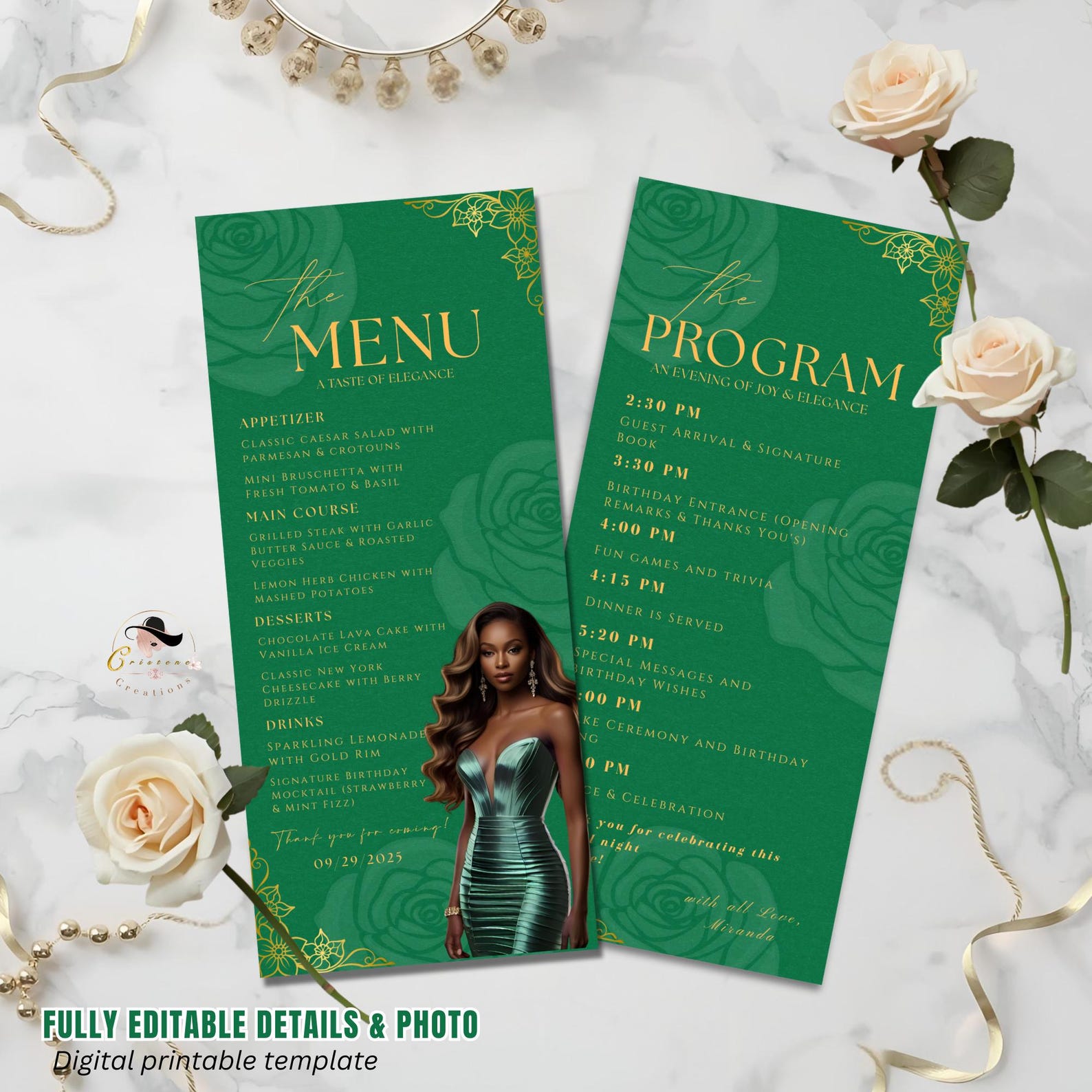 Green Menu and Program Template, Photo Menu Card, Event Timeline ...
