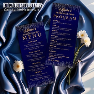 May include: Navy blue retirement party menu and program templates with gold text and a sparkling design. The menu lists appetizers, main courses, desserts, and drinks. The program outlines the event schedule, including guest arrival, speeches, dinner, and dancing.