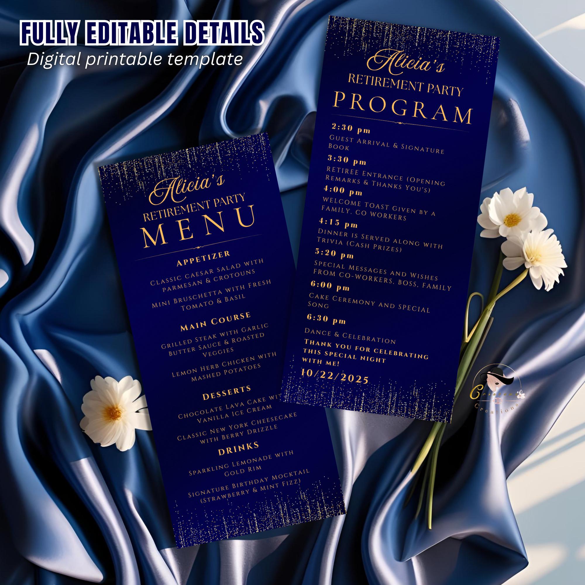 Retirement Menu. Example Retirement Menu and Program Template Navy Blue Birthday Party Menu ...