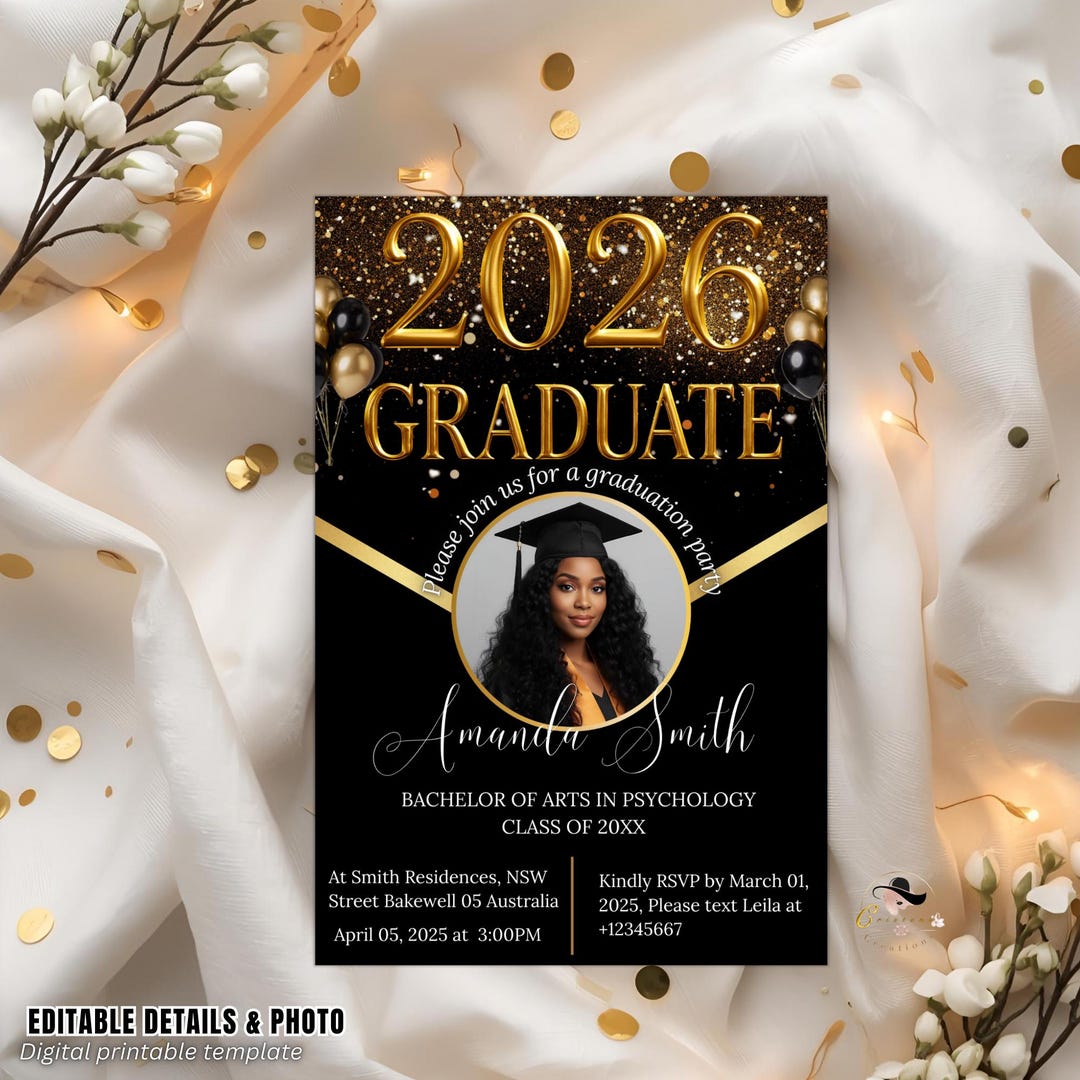 Black Gold Graduation Party Invitation, Class of 2026 High School ...