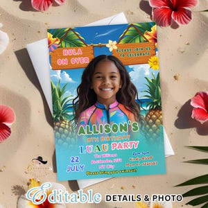 Aloha Luau Einladung Geburtstag Mädchen, Tropische Hawaiianische Luau einladen, Strand Thema Sommer Geburtstagseinladung, Kinder-Schwimmbad-Party mit Fotovorlage