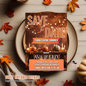 May include: Thanksgiving dinner invitation with the text "Save the Date" and "Thanksgiving Dinner". The invitation features pumpkins, candles, and fall leaves. The invitation is hosted by Ava & Leo.