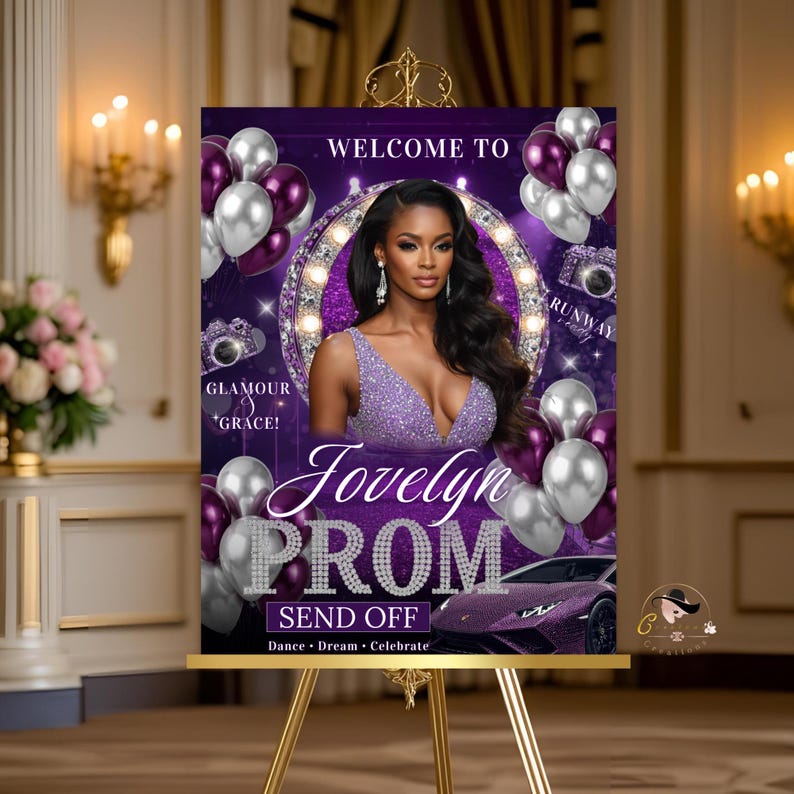 Prom Incoming Sign Purple Silver Prom Send off Welcome Party Sign, Prom Queen Poster Sign ...