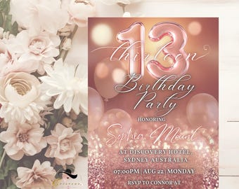 INVITO MODIFICABILE PER IL 13° COMPLEANNO, invito digitale per ragazze adolescenti in oro rosa e rosa, biglietto stampabile per la festa del tredicesimo compleanno, download immediato