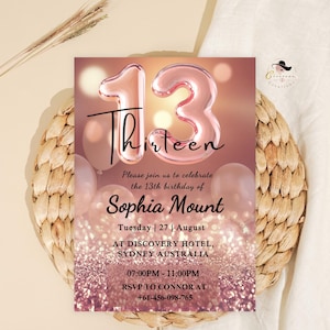13.Geburtstags-Einladung Rose Gold Rosa, 13.Geburtstags-Party-Teen Mädchen lädt ein, Digital Druckbare 13.Karte für dreizehn Jahre alte Tochter