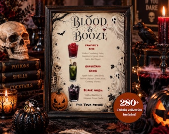 May include: A rectangular framed sign titled Blood & Booze featuring a Halloween-themed cocktail menu with illustrations of ghosts, a pumpkin, and a skeleton. The text lists ingredients for Vampire's Kiss, Graveyard Grog, and Black Magic drinks.