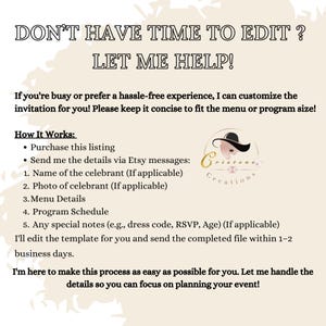 This listing photo shows the information you need to send me if you are unable to edit the product on your own. I’ll be happy to assist and make changes for you. Please refer to the listing photo instructions for more details