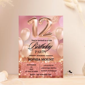 12. Geburtstagseinladung Rose Gold Pink, Digital Printable Party einladen für 12-jährige Mädchen, 12 Geburtstagskartenvorlage für Tochter