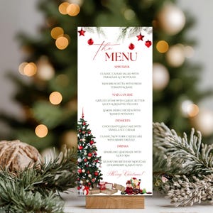 May include: A Christmas-themed menu card with a festive design. The menu features appetizers, main courses, desserts, and drinks. The card is decorated with a Christmas tree, ornaments, and the text "Merry Christmas!"
