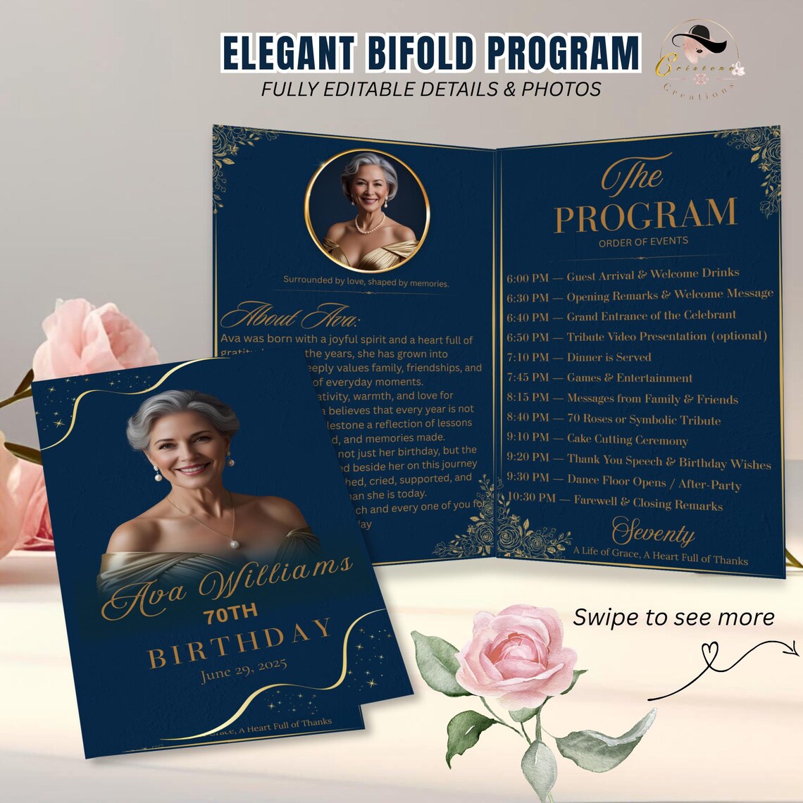 Editable Program Template Bifold 70th Birthday Party Program Card