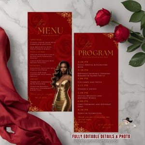 May include: A red and gold event menu and program template. The menu lists appetizers, main courses, desserts, and drinks. The program outlines the evening's schedule, including guest arrival, games, dinner, and cake ceremony. The template is fully editable.