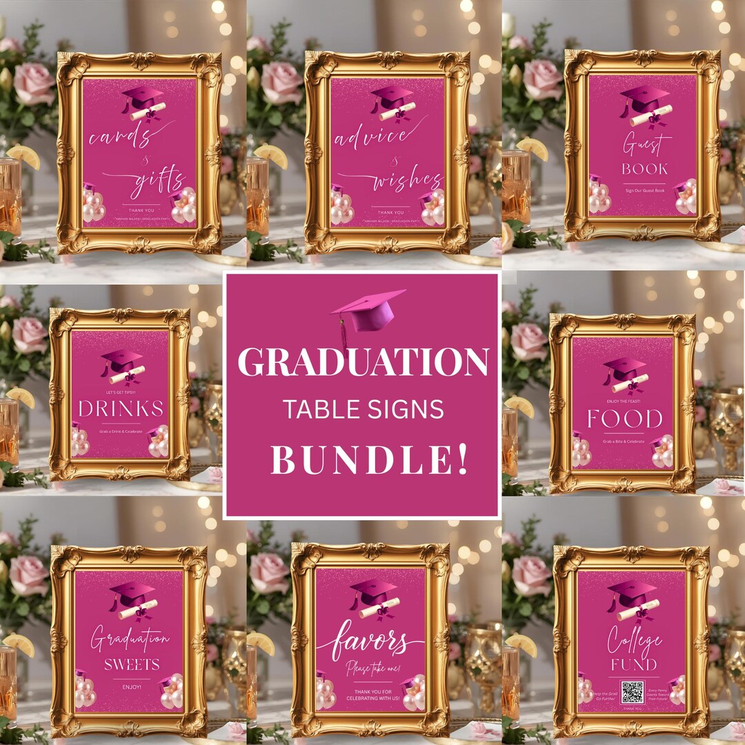 Pink Sign Grad Example Pink Graduation Party Table Signs Bundle, Senior Grad Favor Sign ...