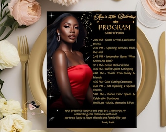 Black gold Program Template, Birthday Party program Bifold Formal event programme Elegant Retirement program schedule Digital Printable card
