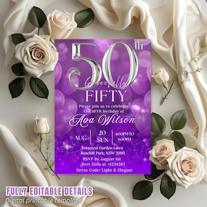 Convite digital para 50º aniversário, roxo e prateado, convite para jantar de 50 anos, cartão fabuloso para impressão, modelo para cinquenta anos